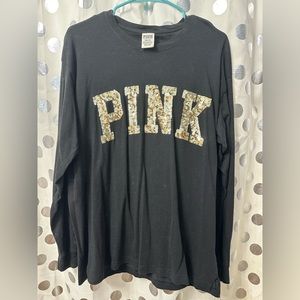Victoria’s Secret pink long sleeve tee with sequin front. Size large.